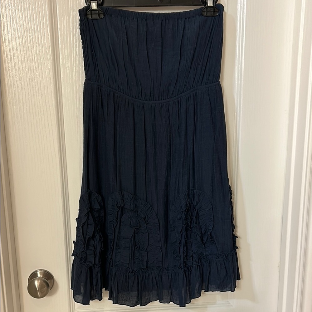 Navy Strapless Ruffle Dress